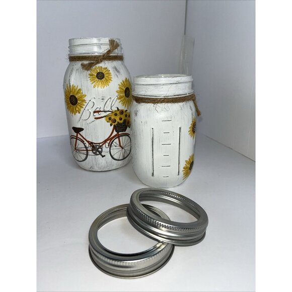 2 Ball Mason Jars Hand Painted Summer Bicycle Sunflowers 32oz & 16oz With Bands - Picture 10 of 16